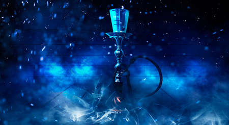hookah on the background of a brick wall, neon light, smoke, smog