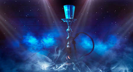 hookah on the background of a brick wall, neon light, smoke, smogの写真素材