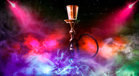 hookah on the background of a brick wall, neon light, smoke, smog