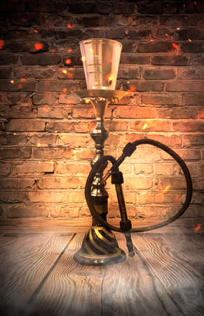 hookah on the background of a brick wall, neon light, smoke, smog