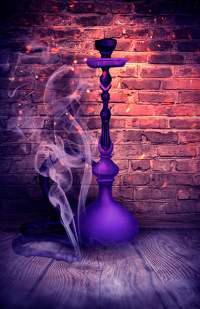 hookah on the background of a brick wall, neon light, smoke, smogの写真素材