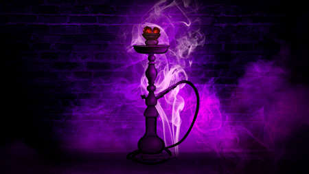 hookah on the background of a brick wall, neon light, smoke, smog