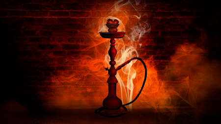 hookah on the background of a brick wall, neon light, smoke, smogの写真素材