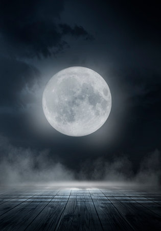 Dark abstract winter forest background. Wooden floor, snow, fog. Dark night background in the forest with moonlight. Night view, magic. Fantasy forest.の写真素材