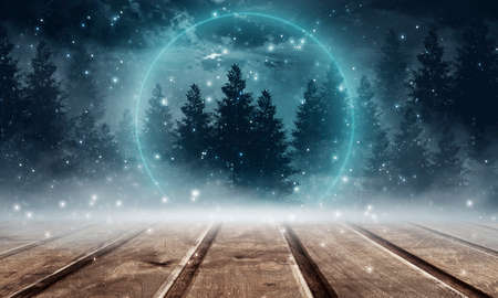 Dark abstract winter forest background. Wooden floor, snow, fog. Dark night background in the forest...