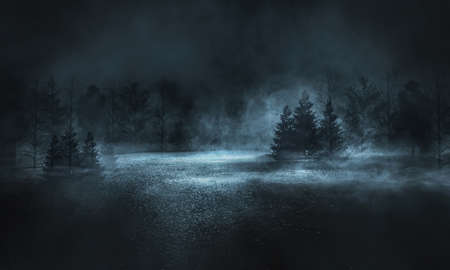 Dark abstract winter forest background. Wooden floor, snow, fog. Dark night background in the forest...