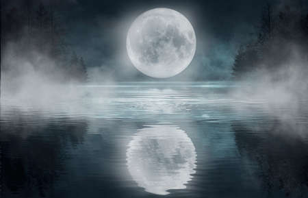 Dark abstract winter forest background. Wooden floor, snow, fog. Dark night background in the forest with moonlight. Night view, magic. Fantasy forest.の写真素材