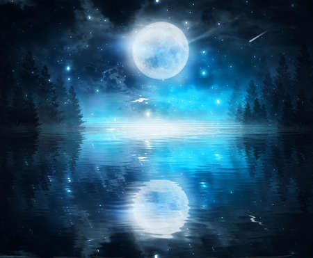 Dark abstract winter forest background. Wooden floor, snow, fog. Dark night background in the forest with moonlight. Night view, magic. Fantasy forest.の写真素材