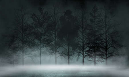 Dark abstract winter forest background. Wooden floor, snow, fog. Dark night background in the forest...