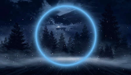 Dark abstract winter forest background. Wooden floor, snow, fog. Dark night background in the forest...