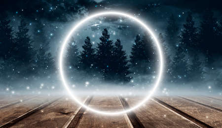 Dark abstract winter forest background. Wooden floor, snow, fog. Dark night background in the forest with moonlight. Night view, magic. Fantasy forest.の写真素材