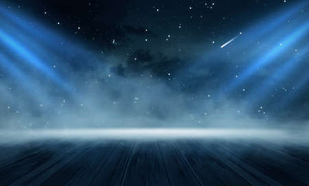 Dark abstract winter forest background. Wooden floor, snow, fog. Dark night background in the forest...