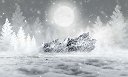 Dark abstract winter forest background. Wooden floor, snow, fog. Dark night background in the forest with moonlight. Night view, magic. Fantasy forest.の写真素材