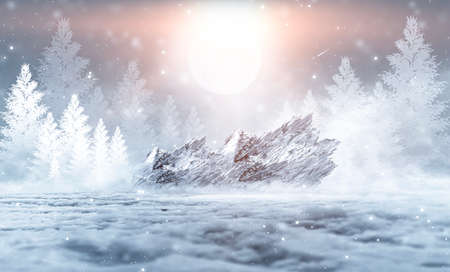 Dark abstract winter forest background. Wooden floor, snow, fog. Dark night background in the forest with moonlight. Night view, magic. Fantasy forest.の写真素材