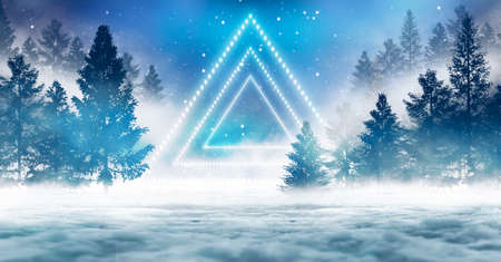 Dark abstract winter forest background. Wooden floor, snow, fog. Dark night background in the forest...
