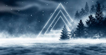 Dark abstract winter forest background. Wooden floor, snow, fog. Dark night background in the forest...