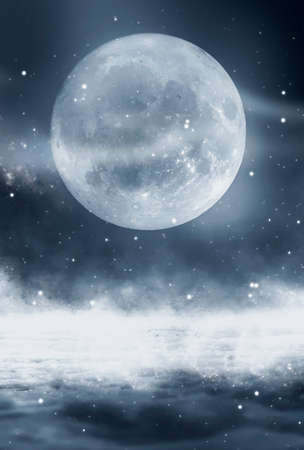 Dark abstract winter forest background. Wooden floor, snow, fog. Dark night background in the forest...