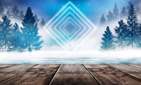 Dark abstract winter forest background. Wooden floor, snow, fog. Dark night background in the forest...