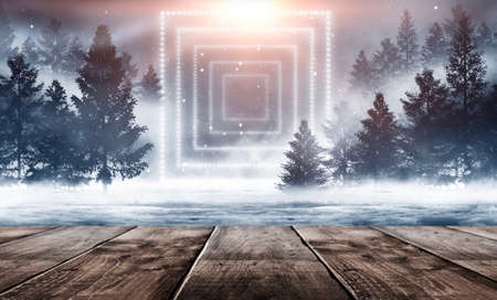 Dark abstract winter forest background. Wooden floor, snow, fog. Dark night background in the forest...