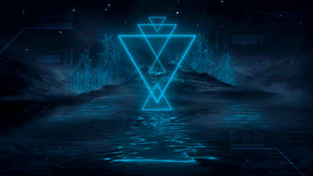 Neon landscape, night view. Futuristic fantasy night landscape with abstract landscape and island,...