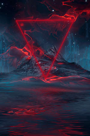 Neon landscape, night view. Futuristic fantasy night landscape with abstract landscape and island,...