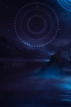 Neon landscape, night view. Futuristic fantasy night landscape with abstract landscape and island, moonlight, radiance, moon, neon. Dark natural scene with light reflection in water. Neon space galaxy portal.の写真素材