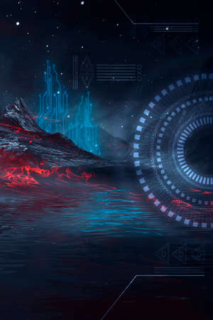 Neon landscape, night view. Futuristic fantasy night landscape with abstract landscape and island, moonlight, radiance, moon, neon. Dark natural scene with light reflection in water. Neon space galaxy portal.の写真素材
