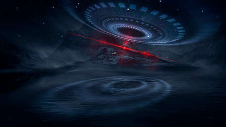 Neon landscape, night view. Futuristic fantasy night landscape with abstract landscape and island,...