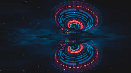 Neon landscape, night view. Futuristic fantasy night landscape with abstract landscape and island, moonlight, radiance, moon, neon. Dark natural scene with light reflection in water. Neon space galaxy portal.の写真素材