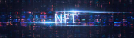 Collage signed with NFT token. Abstract NFT collage. EVERYDAYS: THE FIRST 5000 DAYS. Digital art, set of 3d illustrations. NFT concept, light rays, neon. 3D illustrationの写真素材