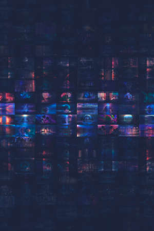 Collage signed with NFT token. Abstract NFT collage. EVERYDAYS: THE FIRST 5000 DAYS. Digital art, set of 3d illustrations. NFT concept, light rays, neon. 3D illustrationの写真素材