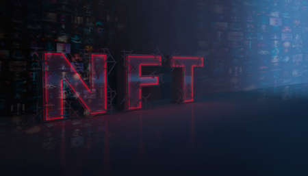 Abstraction signed with NFT token. Abstract inscription NFT collage. EVERYDAYS: THE FIRST 5000 DAYS. Volumetric letters, inscription, banner. Digital art, set NFT concept, light rays, neon. 3d illustrationの写真素材