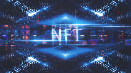 Collage signed with NFT token. Abstract NFT collage. EVERYDAYS: THE FIRST 5000 DAYS. Digital art, set of 3d illustrations. NFT concept, light rays, blue neon.の写真素材