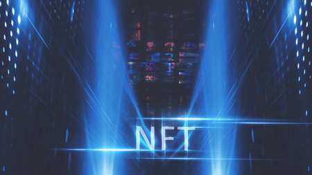 Collage signed with NFT token. Abstract NFT collage. EVERYDAYS: THE FIRST 5000 DAYS. Digital art, set of 3d illustrations. NFT concept, light rays, blue neon.の写真素材