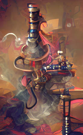 Vintage art with hookah and smoke. Abstract background for a screensaver with a smoking hookah, neon...