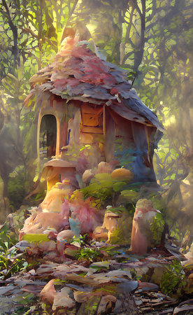 Fantasy wooden house. Natural landscape with a house and trees. Old wooden house, mystical house, forest, mountains. 3D illustration.の写真素材