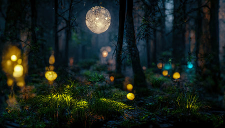 Dark fairytale fantasy forest. Night forest landscape with magical glows. Abstract forest, magic, fantasy, night, lights, neon. 3D illustration.の写真素材