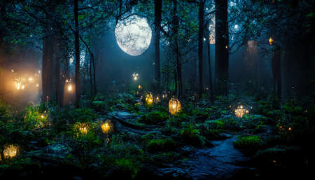 Dark fairytale fantasy forest. Night forest landscape with magical glows. Abstract forest, magic, fantasy, night, lights, neon. 3D illustration.の写真素材