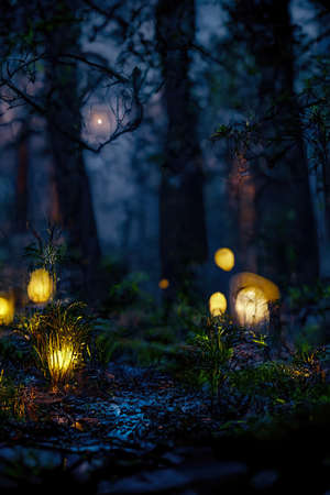 Dark fairytale fantasy forest. Night forest landscape with magical glows. Abstract forest, magic, fantasy, night, lights, neon. 3D illustration.の写真素材