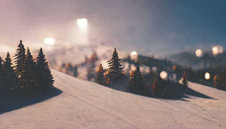 Winter landscape and ski resort, snowy fir trees. Rest in the mountains in winter. Mountain slopes in the snow. winter season. 3D illustration.の写真素材