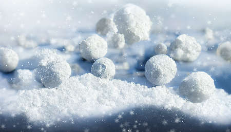 Winter snow background. Blurred bokeh background. Snowy winter scene with snowballs. 3D...