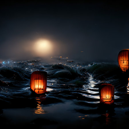 Oriental lanterns flying over the water. reflection of neon lights in water. Romantic evening, lights, night, bokeh. The magical atmosphere of a cozy evening in nature. 3D illustration.の写真素材