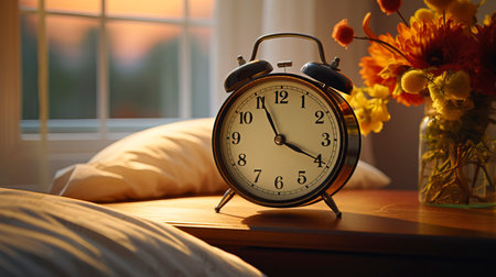 Alarm clock on the bedside table in the bedroom. Generation AIの素材