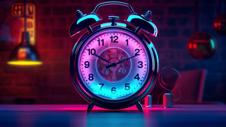 Alarm clock on the bedside table in the bedroom, neon. Generation AIの素材