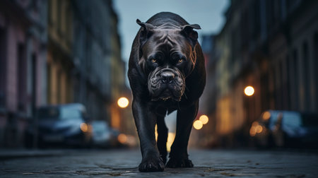 Angry big dog on a dark city street. Generation AIの素材