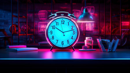 Alarm clock on the bedside table in the bedroom, neon. Generation AIの素材
