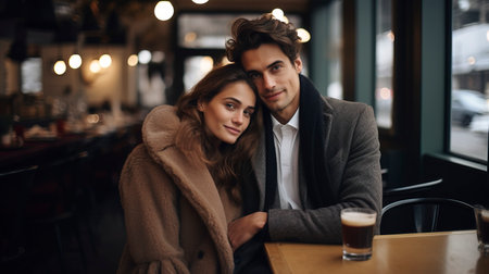 Romantic couple in love in a restaurant, atmosphere of love. Generation AIの素材