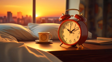Alarm clock on the bedside table in the bedroom. Generation AIの素材