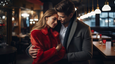 Romantic couple in love in a restaurant, atmosphere of love. Generation AIの素材