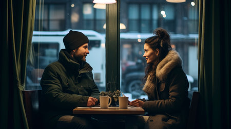 Romantic couple in love in a restaurant, atmosphere of love. Generation AIの素材